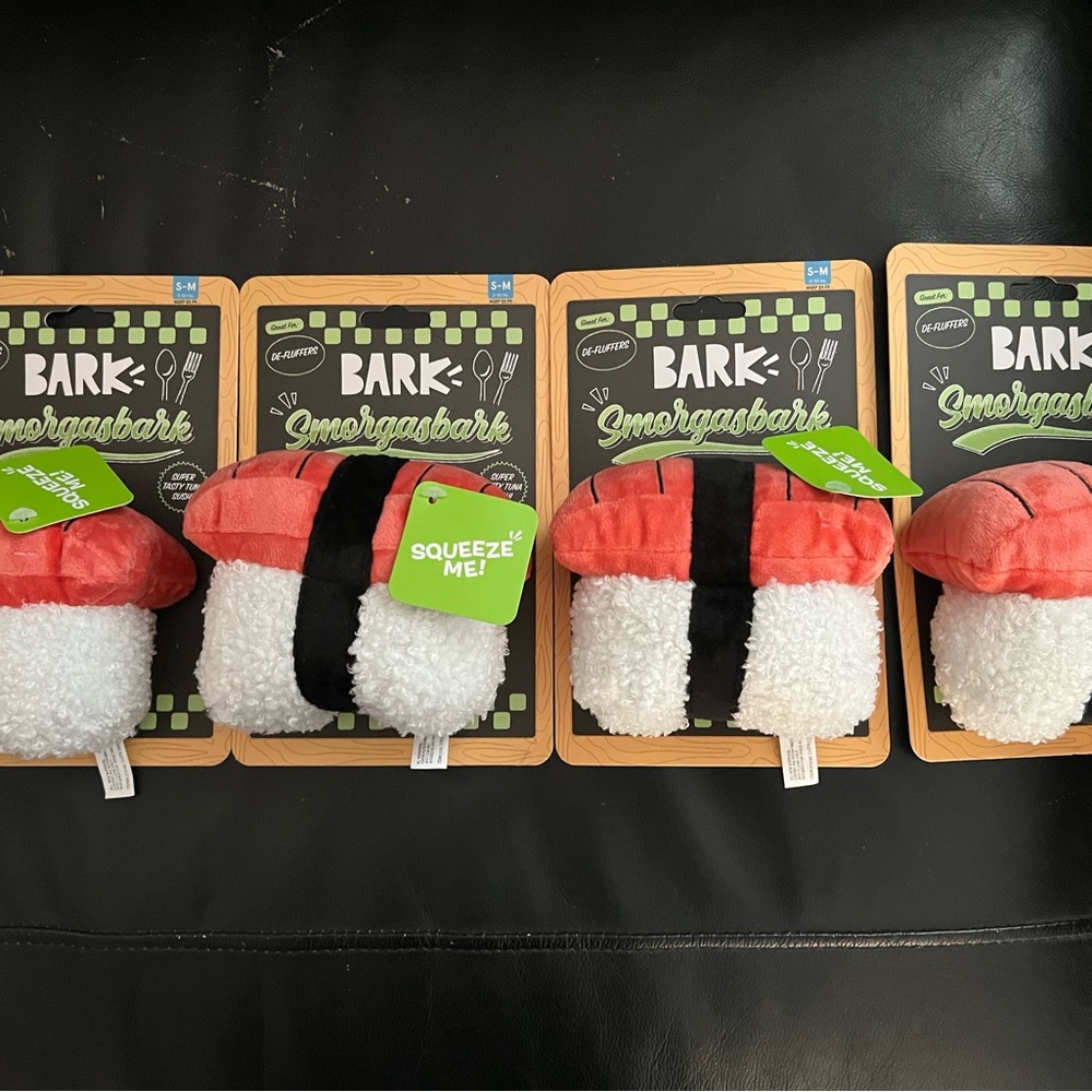 Brand new BARK Smorgasbark Super Tasty Tuna Sushi Squeaky Plush Dog Toy 4 pack